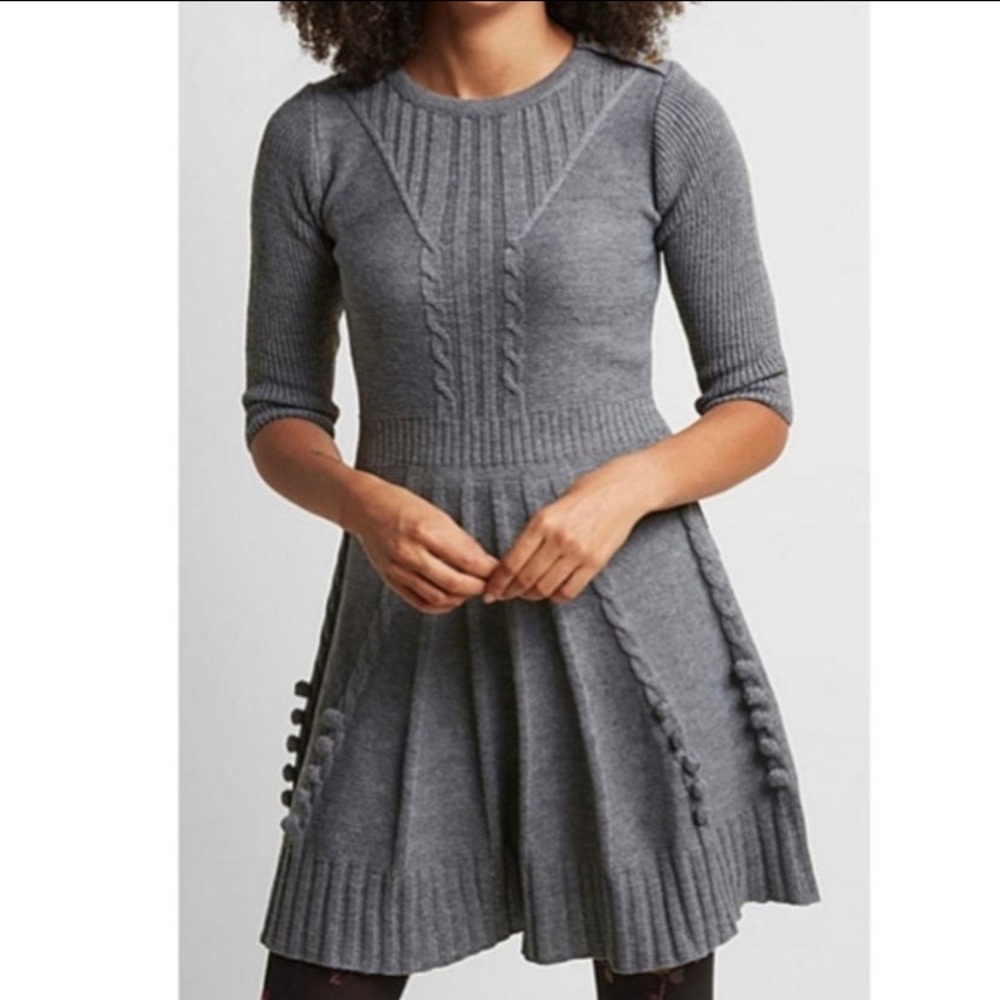 ModCloth MAK Sweater Dress Gray Cable Pom Pom 3/4 Sleeve Women Medium M